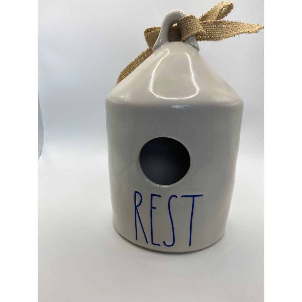 Rae Dunn Ceramic Birdhouse With Burlap Bow & "Rest" Text Blue